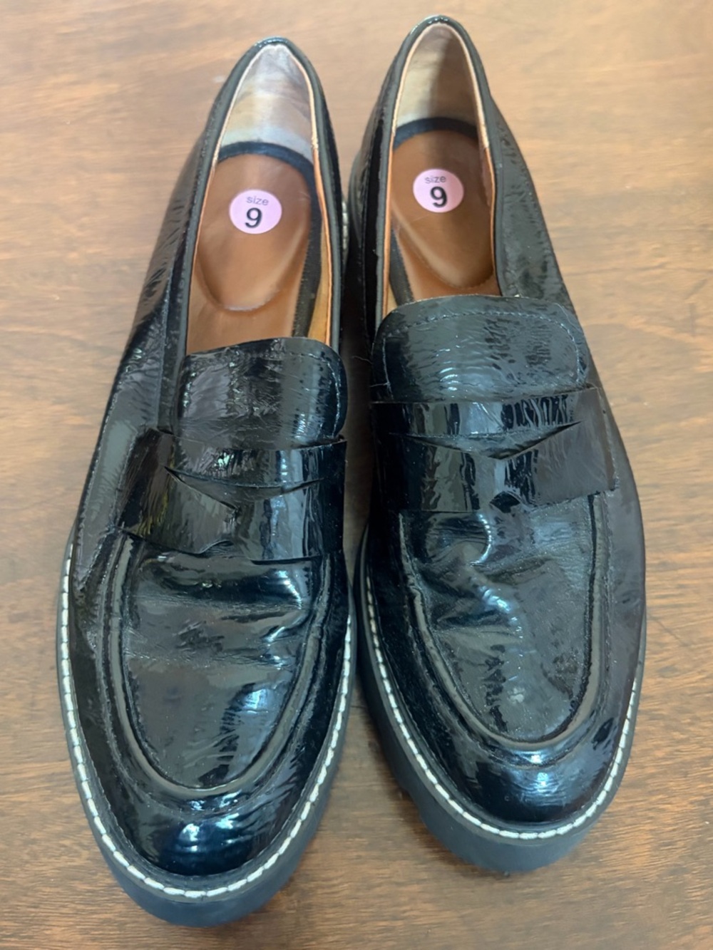 Franco Sarto Balin Black Crinkled Patent Lug Sole Penny Loafers Womens Shoes